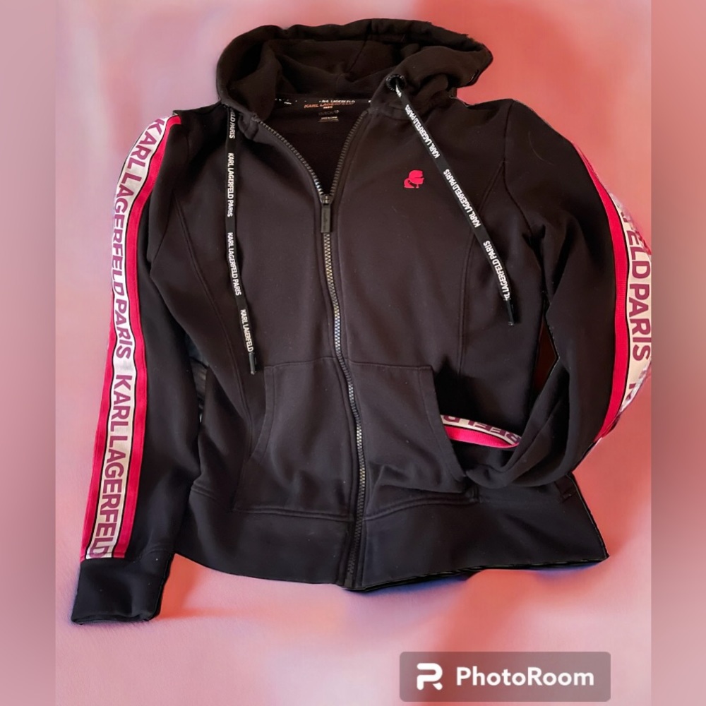 NWOT Karl Lagerfeld Hoodie Full Zip, Pockets Black & Pink Sz ladies XS/S - Picture 3 of 10